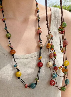 彩虹糖果陶瓷爱心锁骨链女夏天多巴胺双层叠戴项链日常配饰毛衣链
