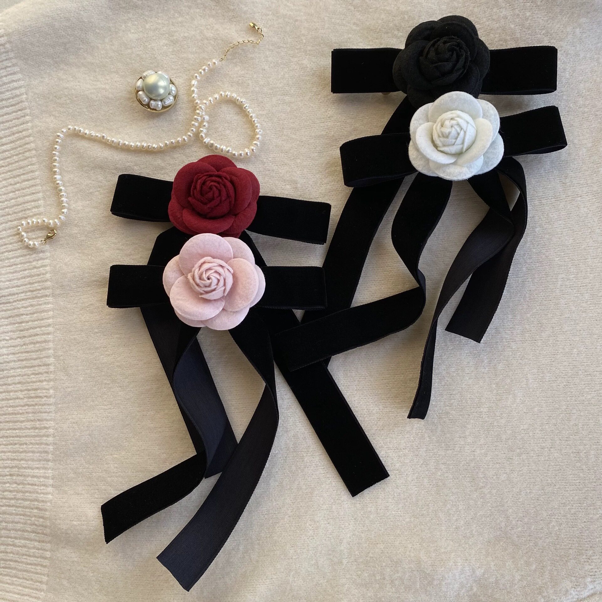 山茶花胸针发夹蝴蝶结胸花别针领结花女