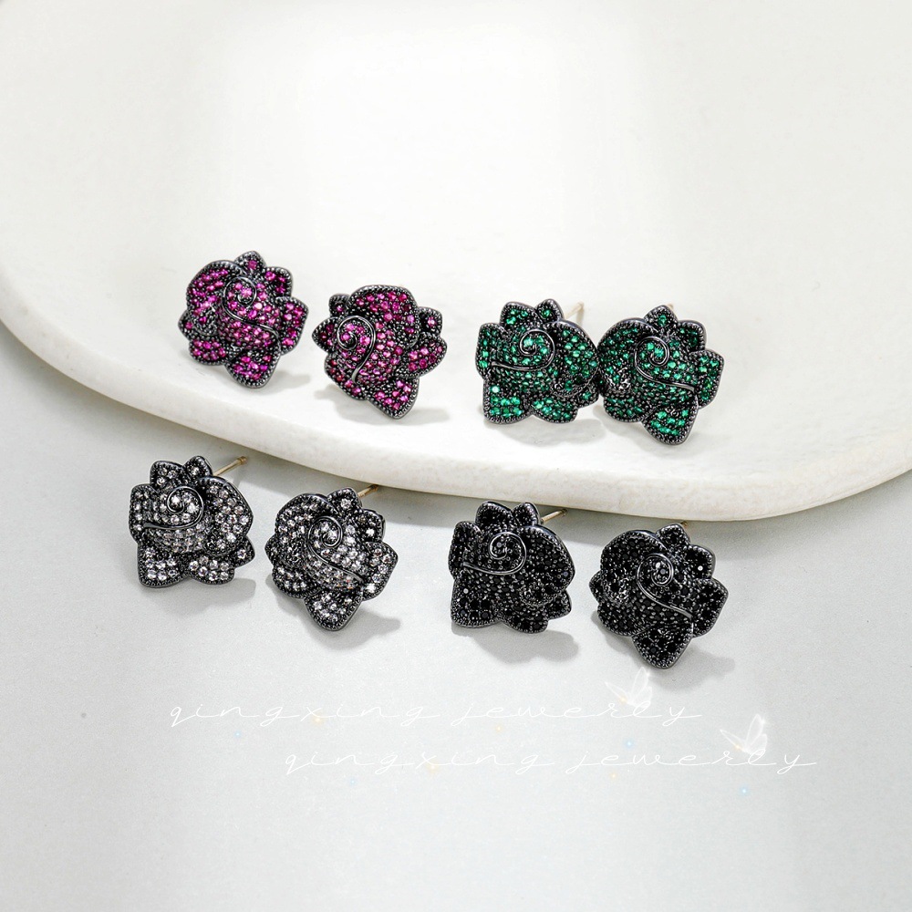 S925纯银针玫瑰花耳钉红刚玉祖母绿纳米花朵耳饰满钻锆石男女耳饰