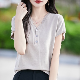 毛衣打底衫 100%纯棉针织短袖 V领t恤宽松薄款 女2025新款 上衣 春夏季