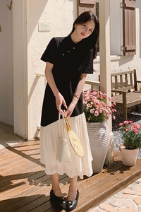 新中式国风复古轻熟风拼接撞色连衣裙女夏季2024新款禅意流行长裙图片