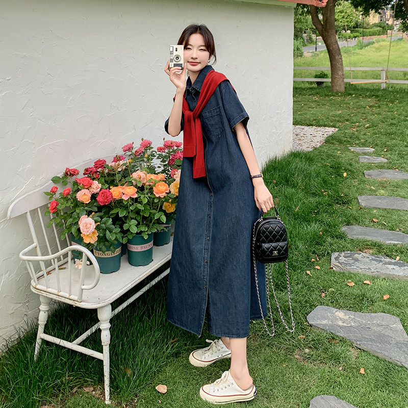 韩系复古chic披肩牛仔连衣裙女2025夏季新款慵懒风休闲百搭衬衫裙图片