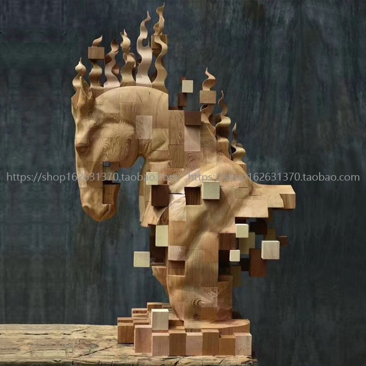 创意拼木马头装置艺术展览橱窗