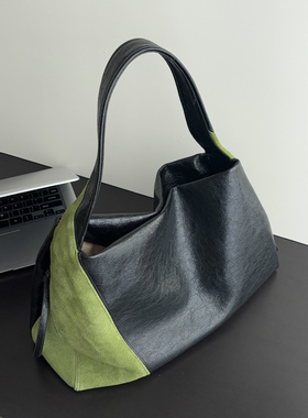 【No.59】油蜡牛皮拼接撞色苔藓绿麂皮单肩腋下包时尚通勤托特包