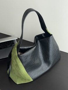 通勤托特包 油蜡牛皮拼接撞色苔藓绿麂皮单肩腋下包时尚 No.59