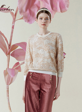 糖果色圆领印花针织衫长袖套头薄款时尚上衣打底衫CFE1D031-0069C