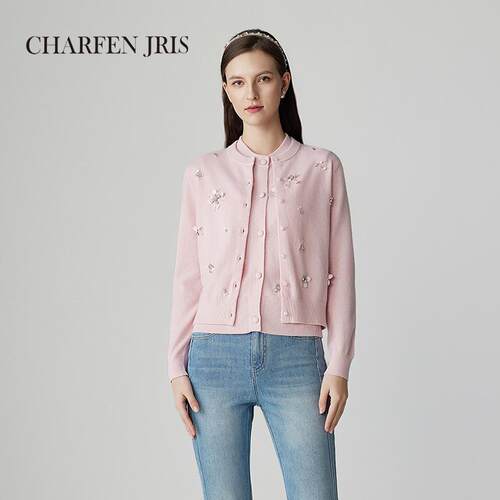 CHARFENJRIS春季时尚百搭钉珠花朵针织开衫上衣女FJF1A696-6001C