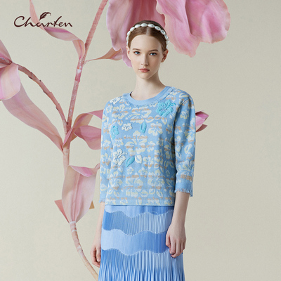 多巴胺风蓝色提花女针织衫七分袖