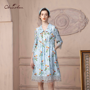 CHARFEN朝峰气质优雅刺绣印花娃娃领中长连衣裙女CFD1C330-3076G