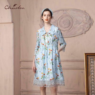 优雅刺绣印花娃娃领中长连衣裙女