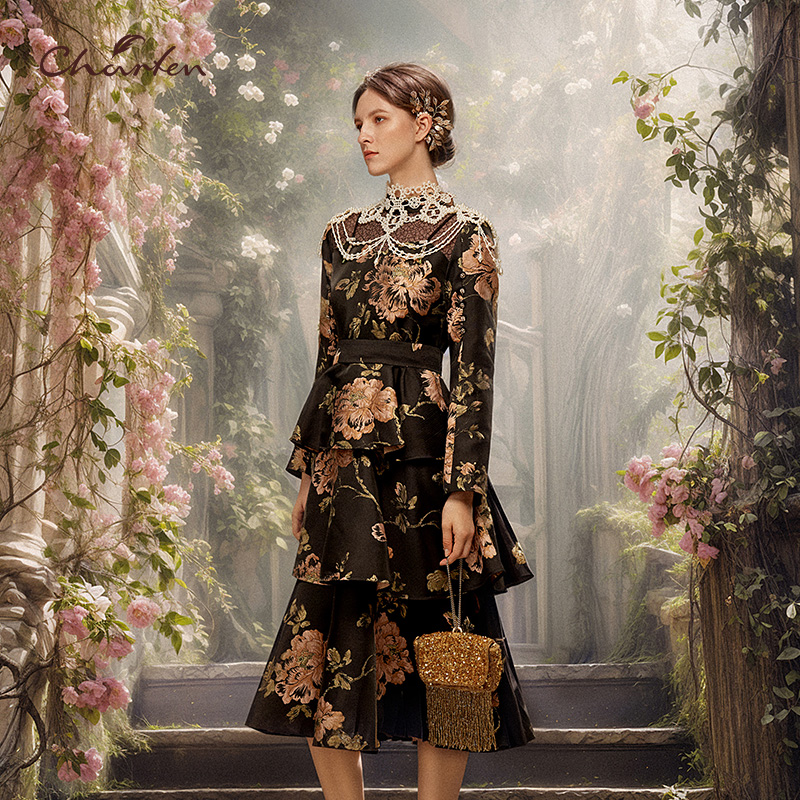 气质轻奢高定中长款印花连衣裙女