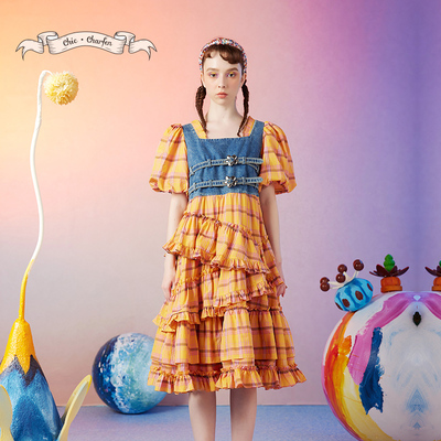 格子撞色百搭CHARFEN蛋糕裙