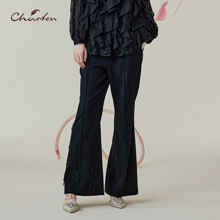 CFE1B006 低腰设计显瘦长裤 0008D 女修身 朝峰轻奢风黑色亮片微喇裤