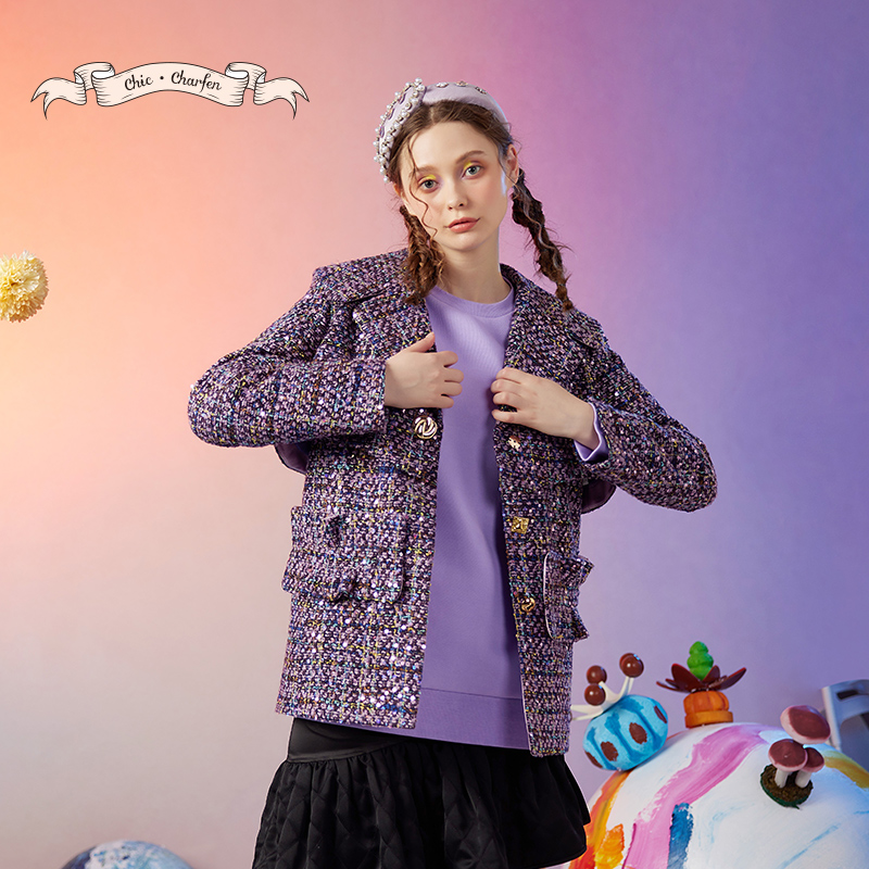 紫色亮片流苏女装CHARFEN法式