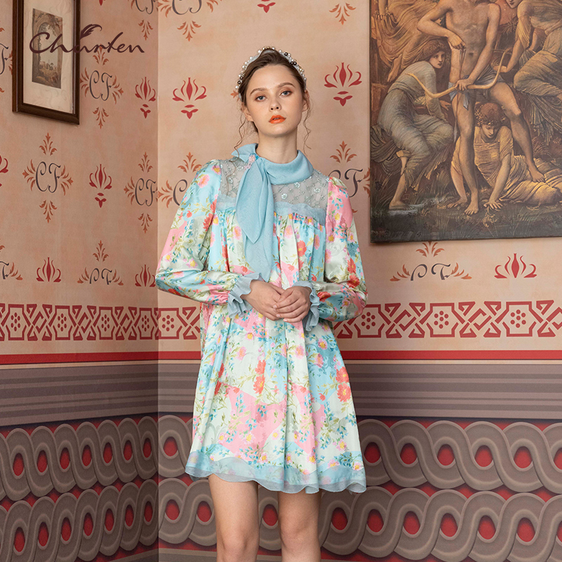 朝峰复古印花H型连衣裙