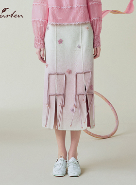 朝峰甜美风立体花朵半身裙女中长款开叉A字裙CFE1A305-3069E