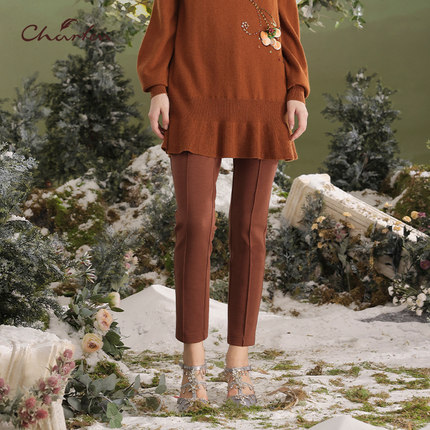 CHARFEN朝峰复古气质修身显瘦九分铅笔裤休闲裤女CFD5F026-0032D