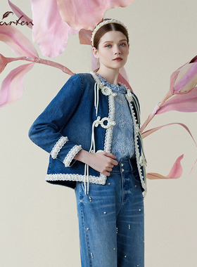 法式浪漫拼接牛仔短外套女系带百搭开衫早秋外套CFE1C129-1033N