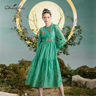 CHARFEN朝峰复古气质显瘦刺绣圆领长袖 0031G 中连衣裙女CFD3A002