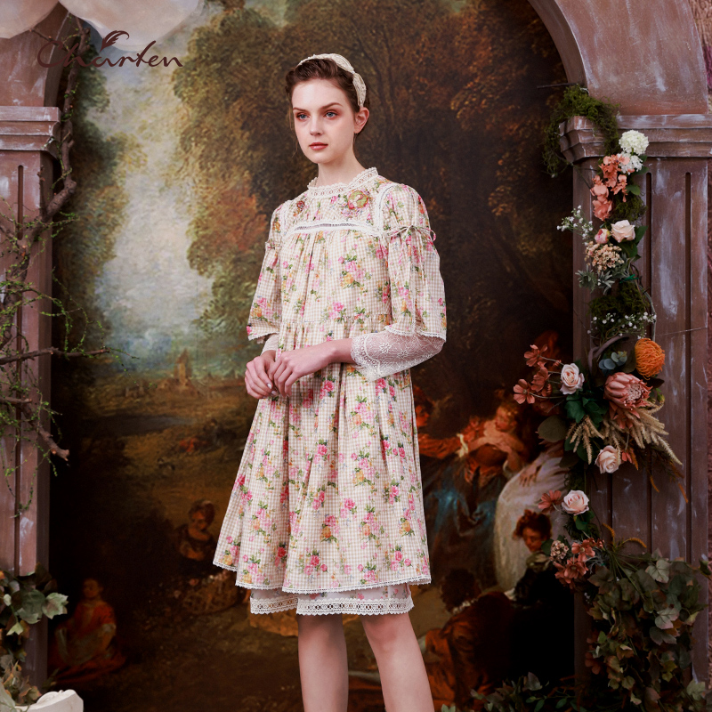 CHARFEN朝峰22秋复古轻奢印花蕾丝中长款连衣裙女CFC3A303-305G