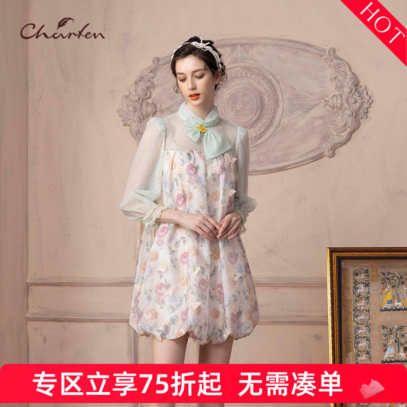 CHARFEN朝峰春网纱拼接时尚印花女士连衣裙CFD1C133-1100G