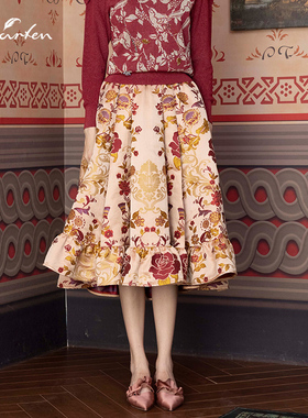 CHARFEN朝峰春复古印花百褶显瘦高腰半身裙女CFD1A081-3108E