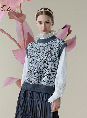 拼接无袖针织马甲显瘦百搭圆领毛织背心气质上衣CFE1B016-0061C