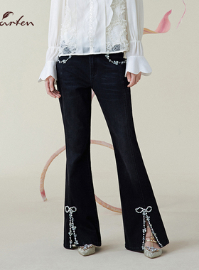 朝峰复古蝴蝶结装饰微喇牛仔裤女重工刺绣显瘦长裤CFE1B153-1099P