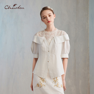 轻奢淑女白色泡泡袖蕾丝衬衫