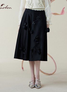 朝峰复古装饰黑色A字半身裙女中长款高腰伞裙优雅CFE1B115-1017E