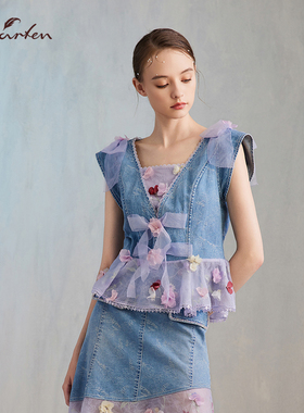 朝峰牛仔衬衫女夏方领显瘦花朵装饰荷叶边袖上衣CFE2J116-1510N