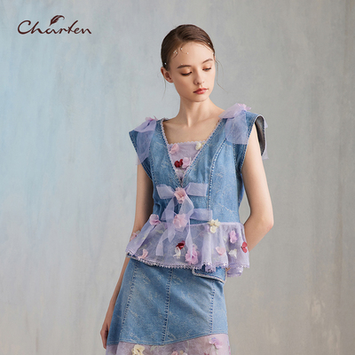 牛仔方领花朵显瘦荷叶边衬衫女