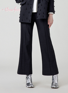 朝峰轻奢风黑色高腰微喇裤女修身显瘦休闲裤CFE1B519-5063D