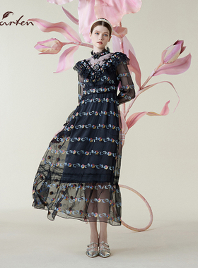 法式重工刺绣蛋糕连衣裙黑色网纱拼接显瘦大摆长裙CFE1B086-0077G