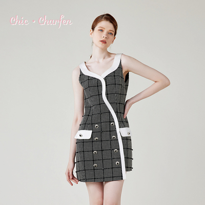 小香风拼色吊带修身显瘦连衣裙