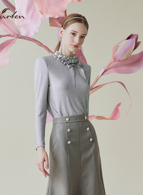 小香风蝴蝶结毛衣女灰色高领长袖针织衫淑女风上衣CFE1A102-1003B