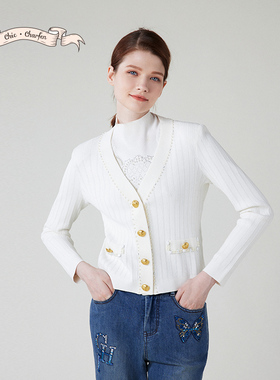 朝峰白色V领金色纽扣针织开衫女短款修身毛衣外套CFE1B228-2070C