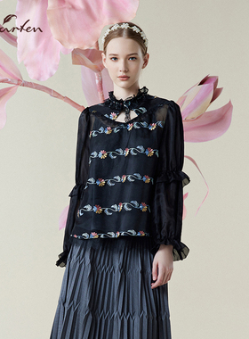 朝峰复古刺绣花朵黑色长袖衬衫女荷叶边领收腰上衣CFE1B086-0101T