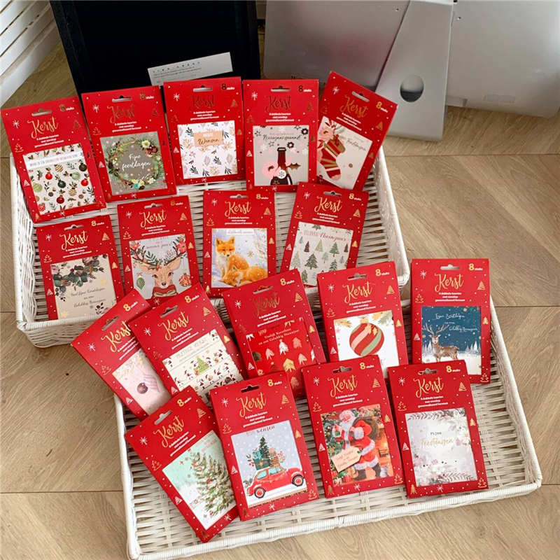 出口单!红色盒装圣诞节送礼卡片平安夜带信封8张贺卡+8个信封