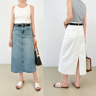 薄款 高腰后开衩牛仔半身裙夏季 2026毛边牛仔裙中长裙 南法时髦