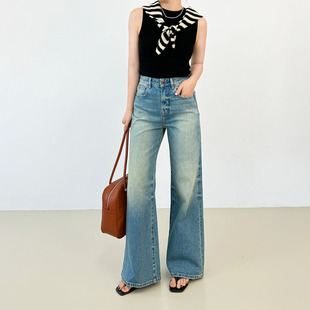 细节控】row风扎染阔腿牛仔裤女2025新品高腰显瘦宽松阔腿裤长裤