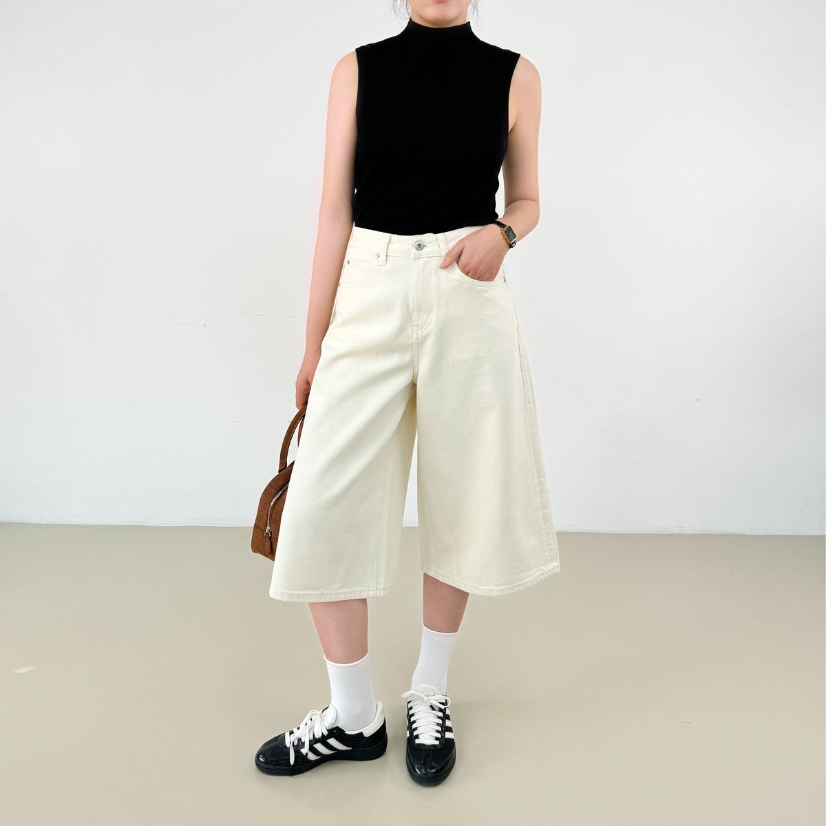 【老钱松弛感】米白阔腿牛仔裤女中裤夏新品高腰宽松七分裤阔腿裤
