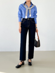 千元品质~单宁直筒牛仔裤女2024新品高腰显瘦弹力宽松法棍裤九分