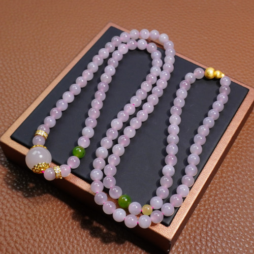 和田玉青海料冰透藕粉6mm108颗佛珠淡粉圆珠多圈手链毛衣项链Z