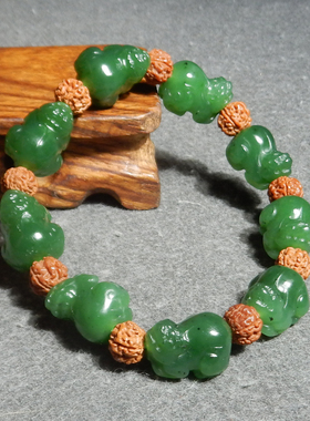 方言和田玉精品珍藏级俄罗斯老坑料油润菠菜绿碧玉貔貅手串手链X3