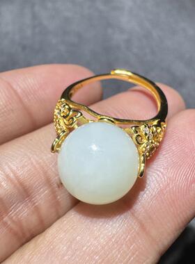 方言和田玉老坑青海料起荧光带猫眼精品S925镶嵌可旋转活口戒指S