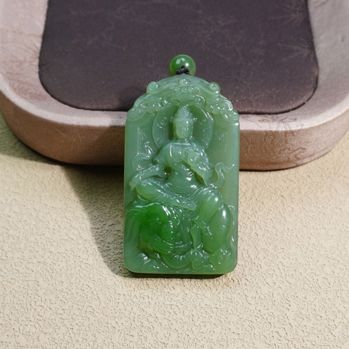 和田玉俄罗斯碧玉细腻油润无结构粉青阳绿双色普贤菩萨吊坠挂件Q