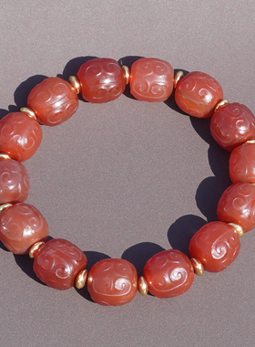 亏麻了方言特惠柿子红玛瑙如意纹雕花精美细腻卡14mm老型珠手串A6