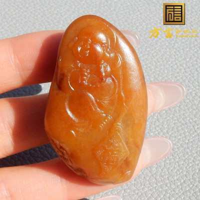 方言精品和田玉佩戴级新疆老熟如酥黄沁籽料全玉种笑佛吊坠挂件A5