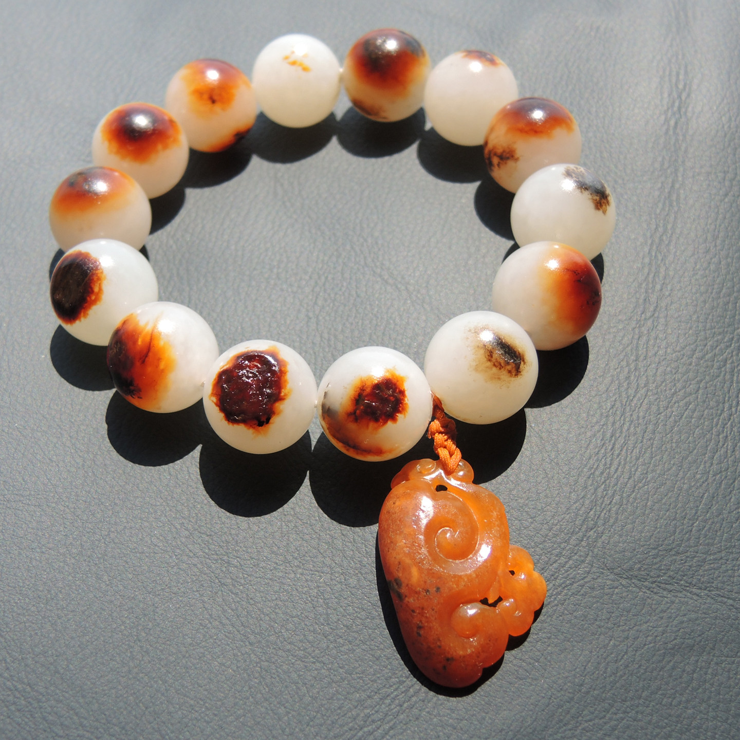 镇店之宝方言珍稀白色名品红黑油沁皮高白羊脂白玉籽料圆珠手链R